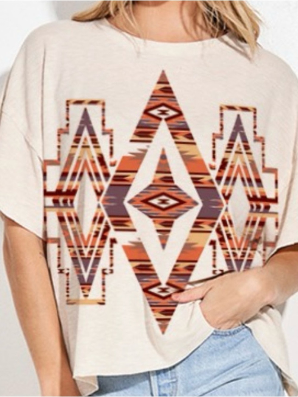Neutral Beige Aztec Print Crop Top - Women's Short Sleeve